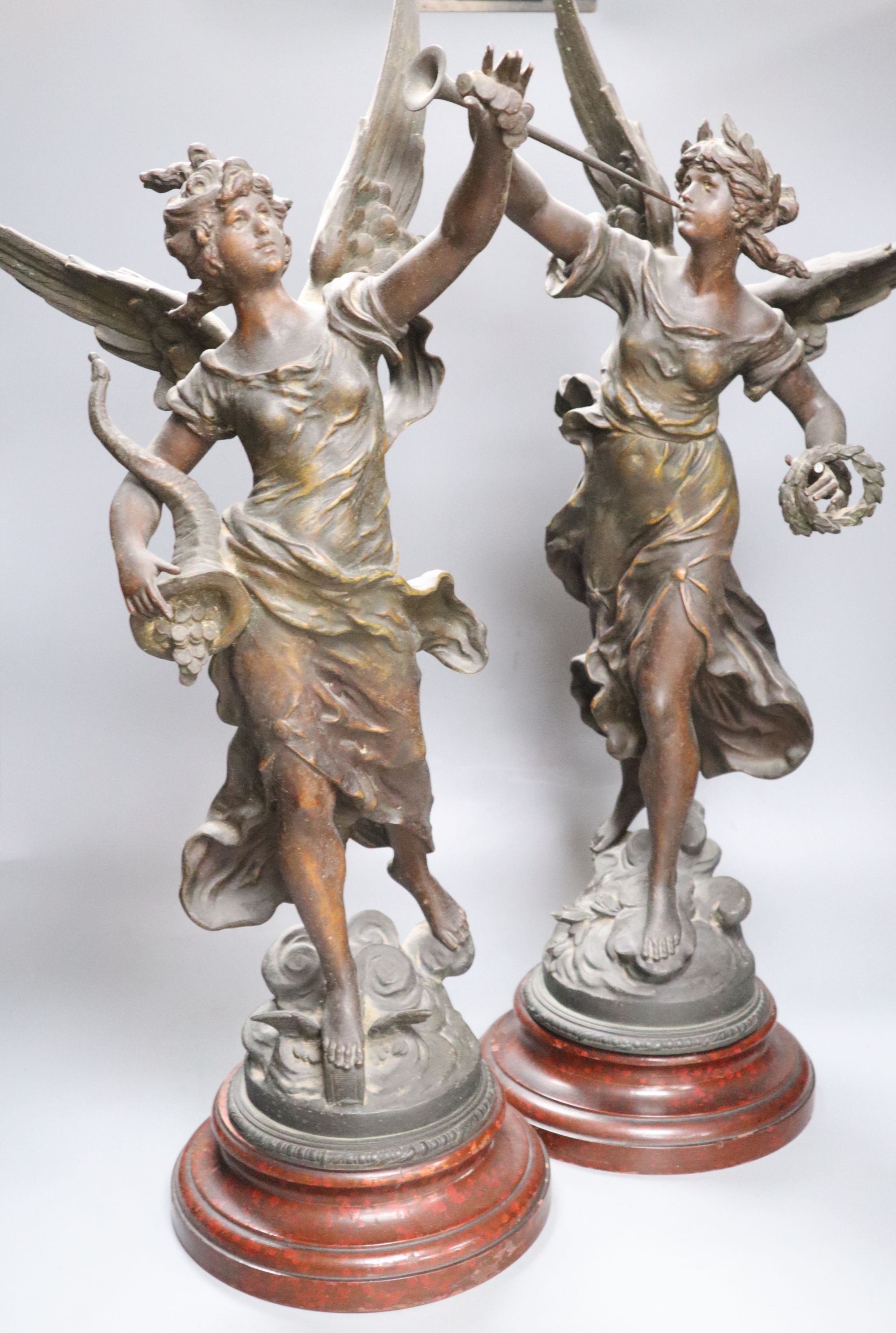 After Moreau. A pair of French spelter figures, height 72cm
